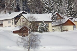 Un barrio residencial con casas y árboles cubiertos de nieve.