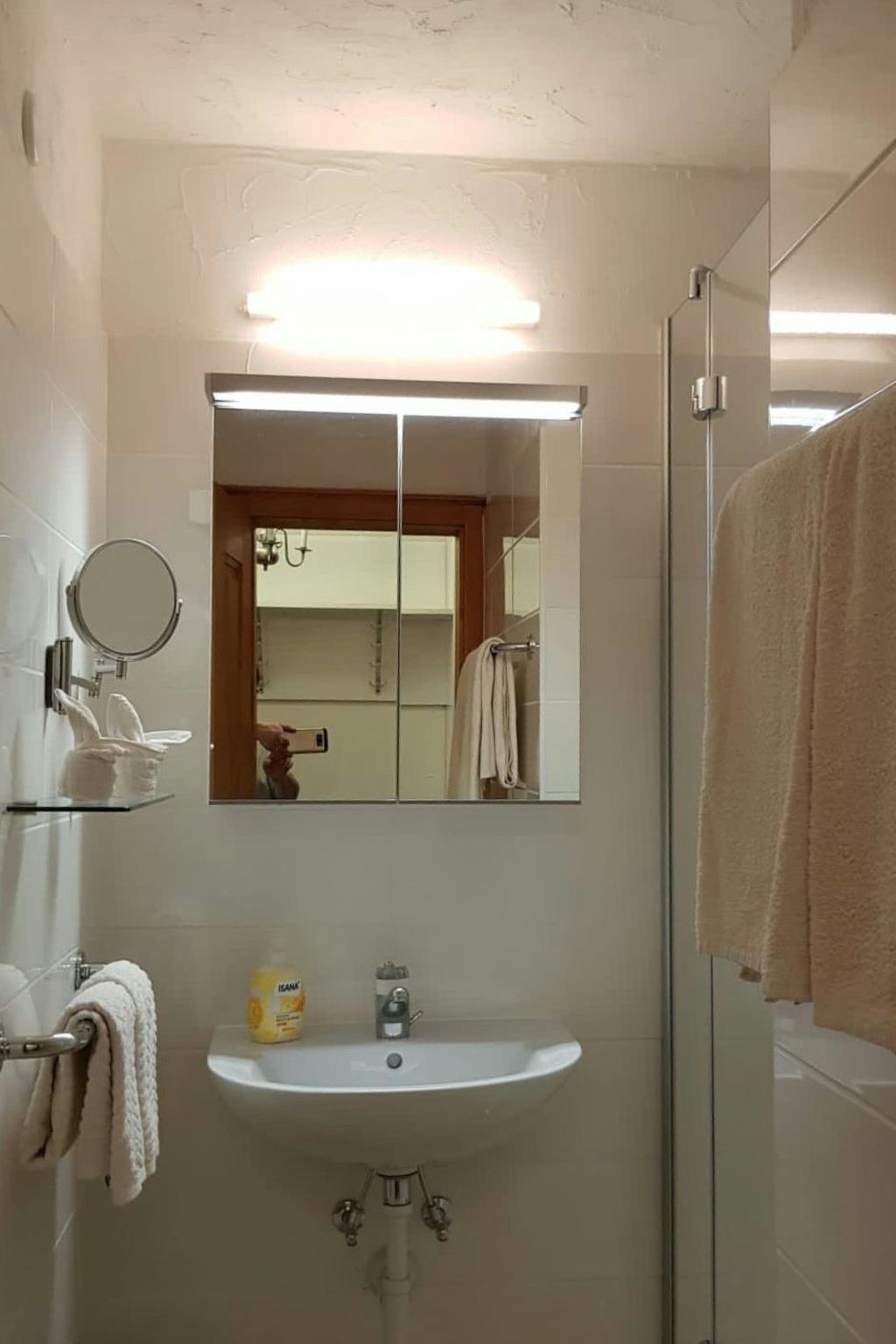 Une salle de bain avec un lavabo blanc, un miroir et une cabine de douche en verre.