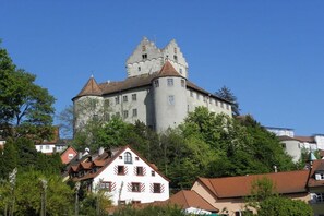 A castle-like building with multiple towers and a prominent central tower, surrounded by residential houses with red roofs. - Charming holiday apartment 3 (Salem)