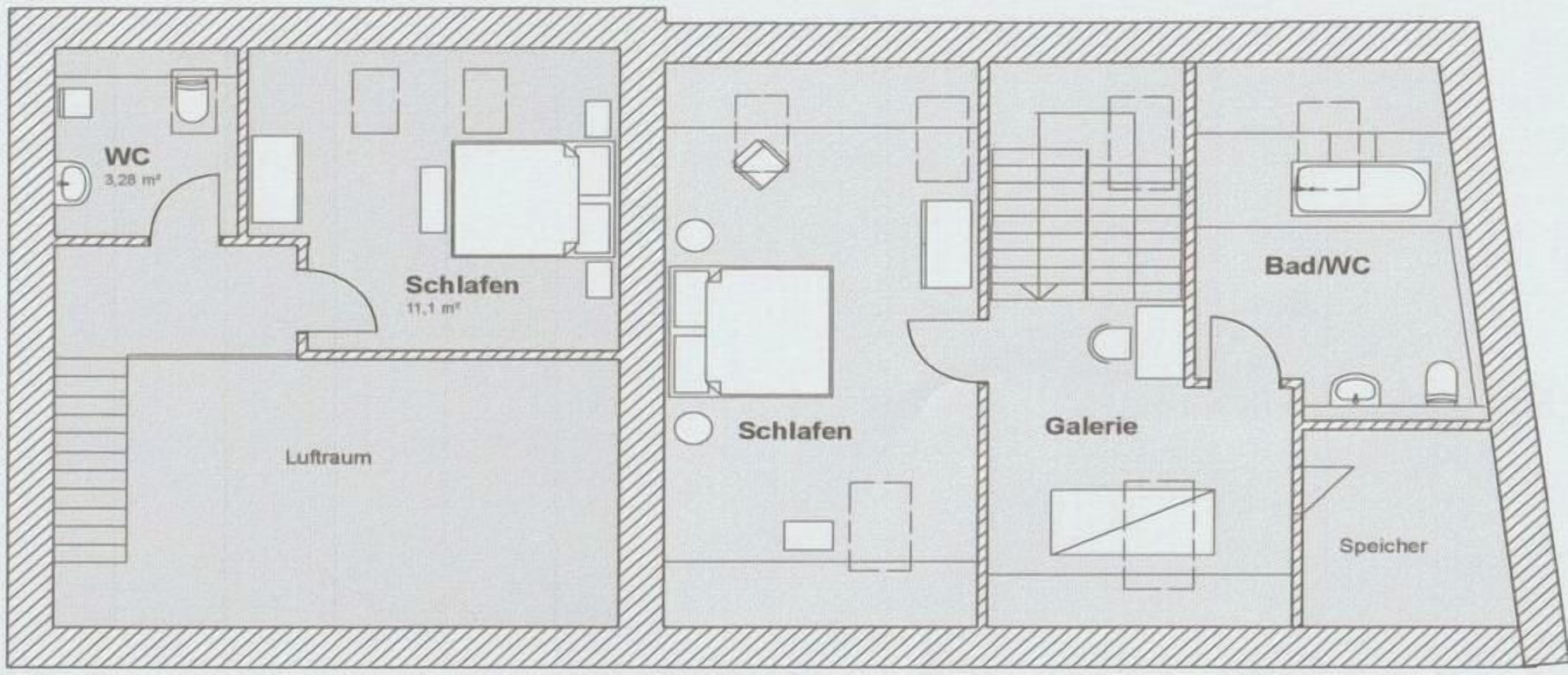 A floor plan with a bathroom, two bedrooms, a living room, a gallery, and a speech room.
