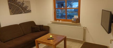 A living room with a brown sofa, a wooden coffee table with a remote, a window with a view, and a radiator.