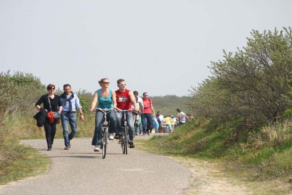 Eine Gruppe von Menschen geht und fährt Fahrrad auf einem befestigten Weg, der von Grünflächen gesäumt ist.