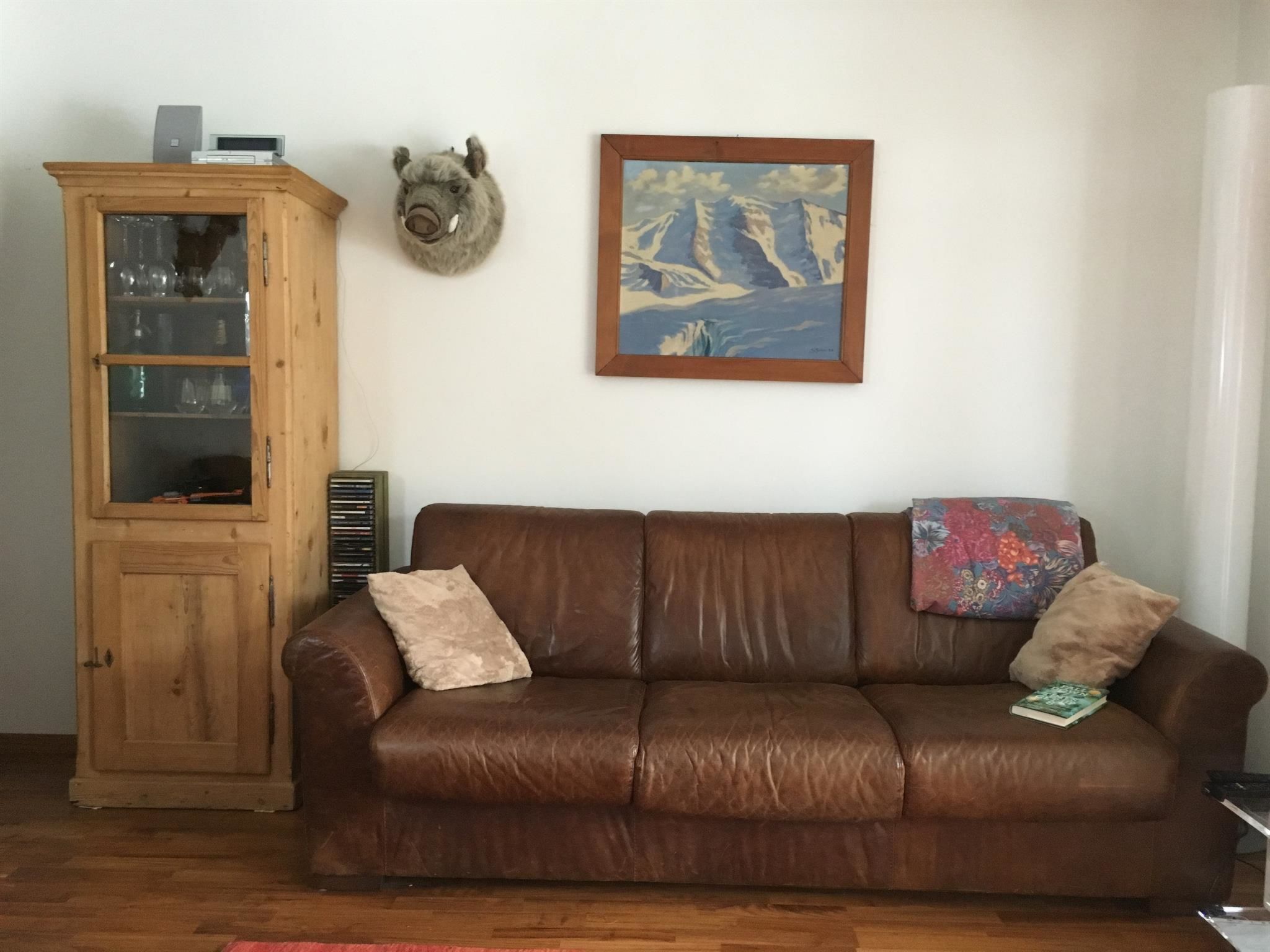 Ein braunes Ledersofa mit zwei Kissen, eine Holzkabine mit Glastüren und ein gerahmtes Bild an der Wand.
