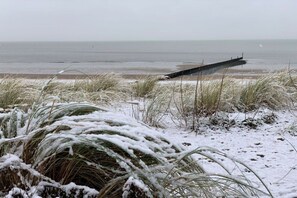 Ein Strand mit einem Steg, der sich ins Wasser erstreckt, umgeben von schneebedeckter Vegetation.