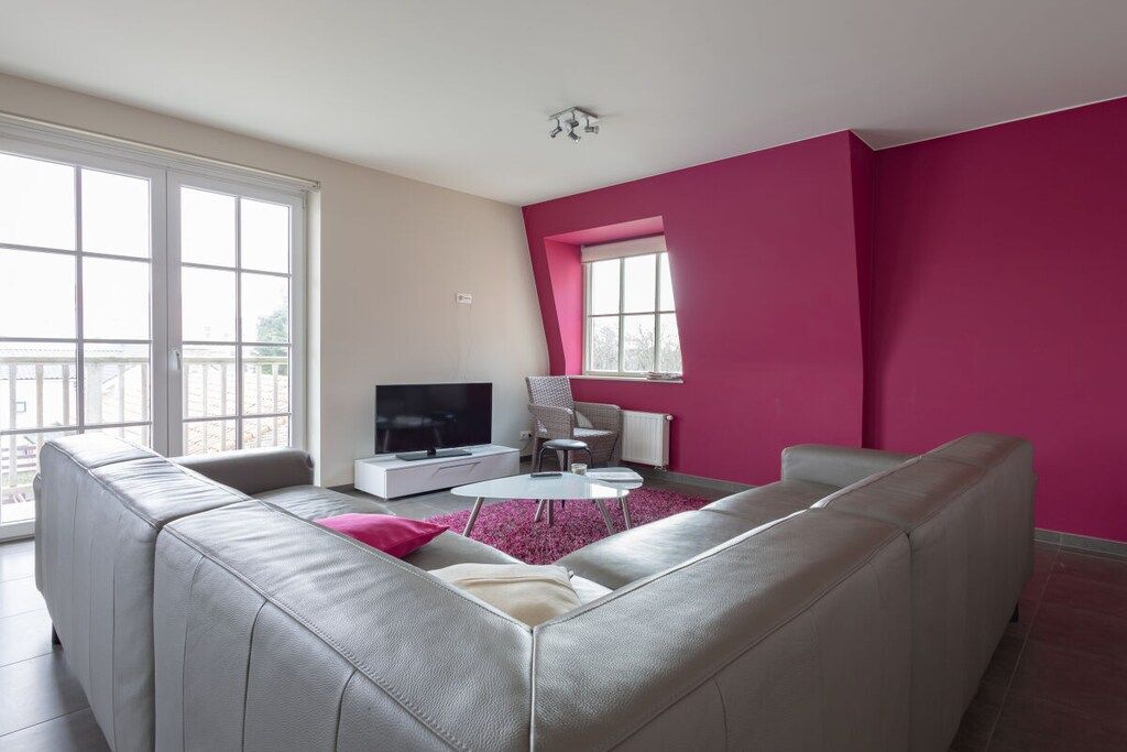 Ein modernes Wohnzimmer mit einem grauen Sofa, einem Flachbildfernseher und einer Wand in Rosa.