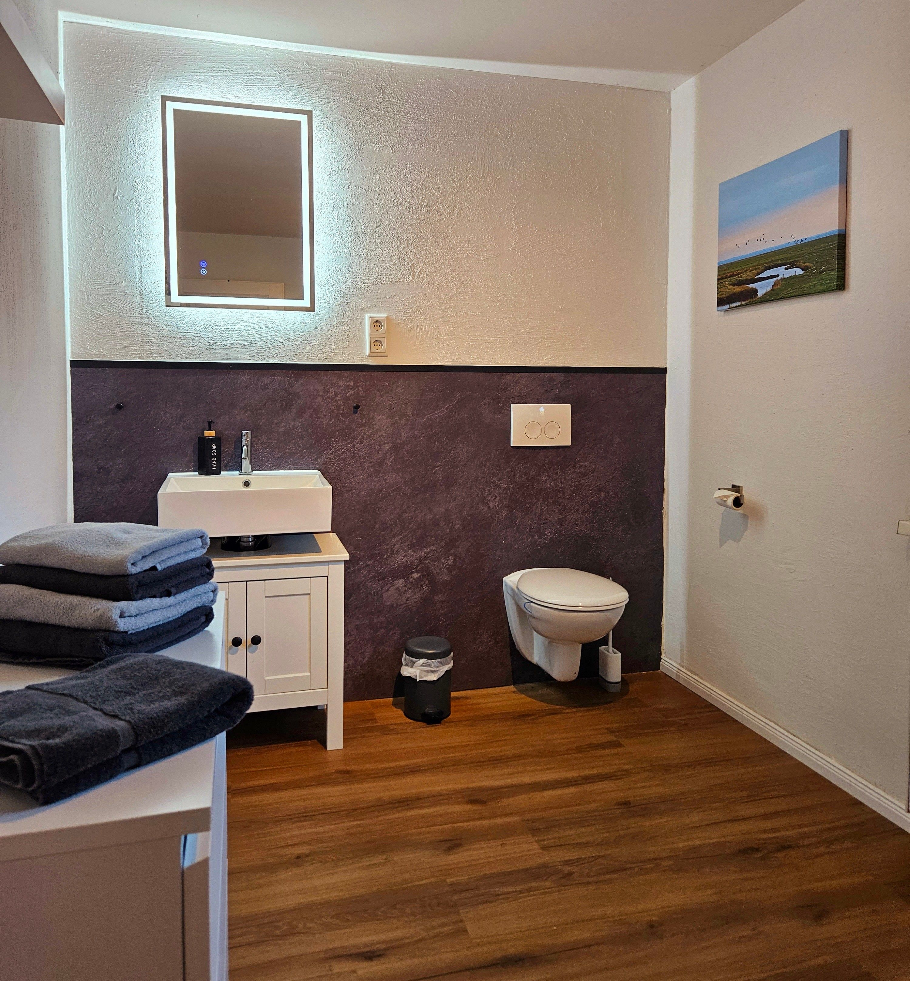 Ein Badezimmer mit einem weißen Waschbecken, einer Toilette, einem Spiegel und einem Bild an der Wand.