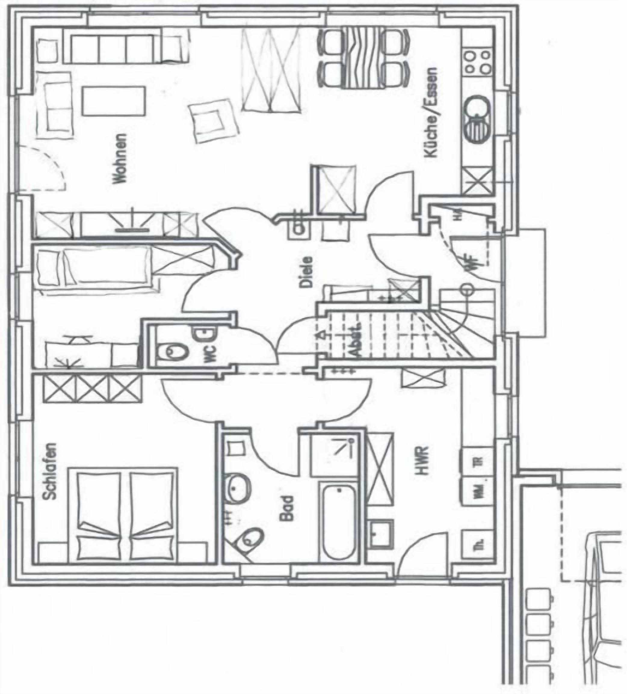 A floor plan of a hotel room with a bed, bathroom, kitchenette, and a small sitting area.