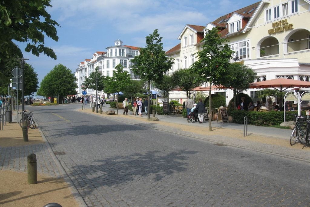 A cobblestone street lined with trees and buildings, including a hotel with a sign.