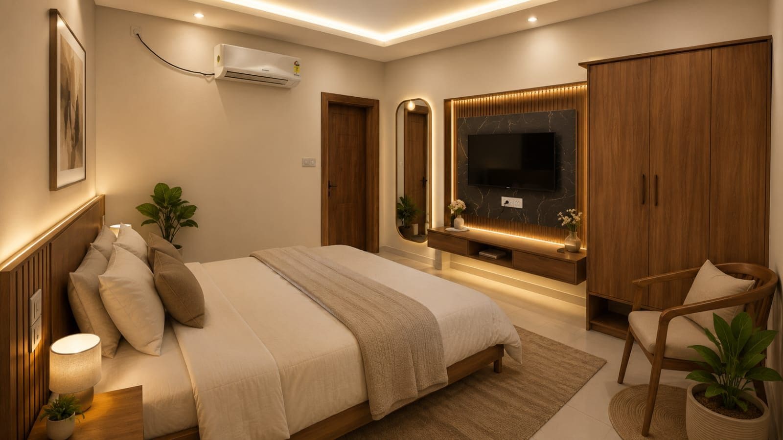 Ein modernes Schlafzimmer mit Bett, Nachttisch, Lampe, Fernseher, Kleiderschrank und Zimmerpflanzen.