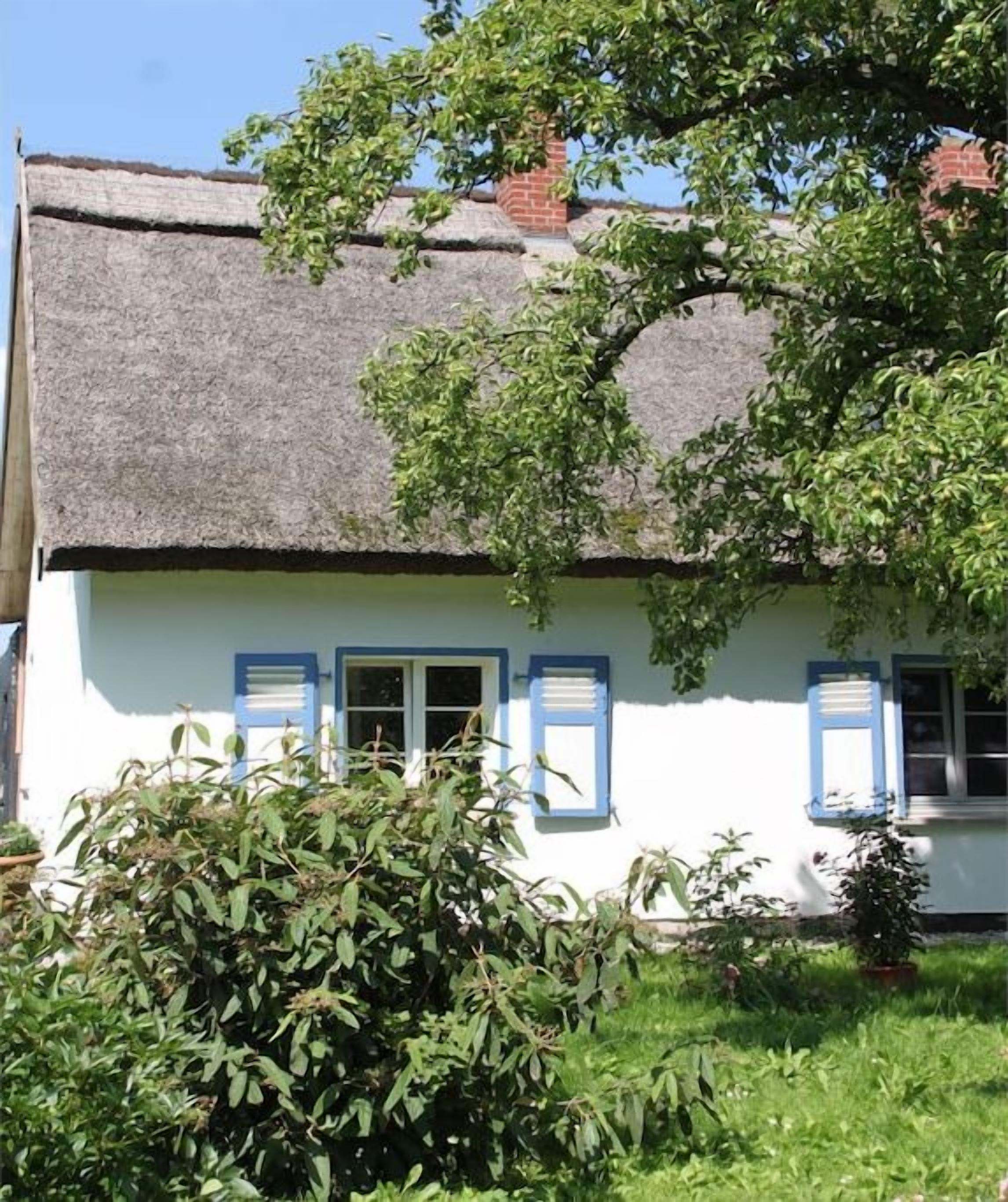 A traditional house with a thatched roof, white walls, and blue shutters.