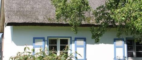 A traditional house with a thatched roof, white walls, and blue shutters.