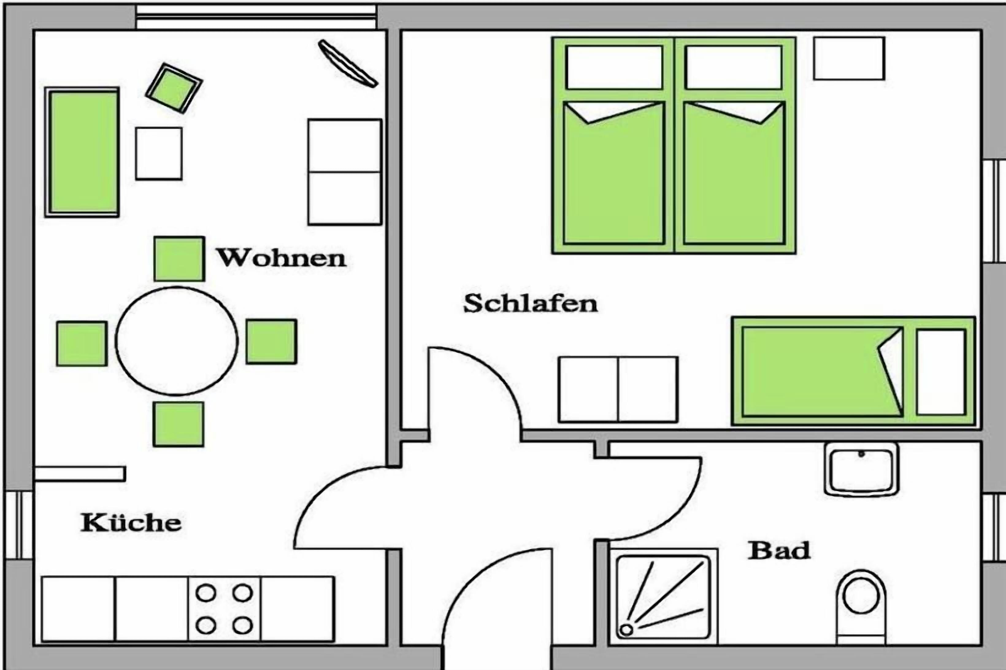 Ein Grundriss mit Wohnzimmer, Küche, Bad und zwei Schlafzimmern.