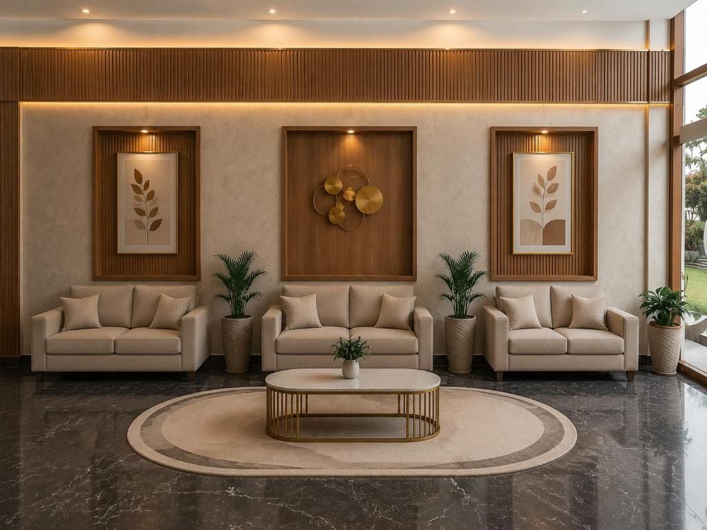 Una sala de estar moderna con tres sofás, una mesa de centro y decoración en la pared.