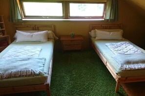 Ein Zimmer mit zwei Einzelbetten, einem kleinen Nachttisch aus Holz, einem grünen Teppich und einem Fenster mit Vorhängen.