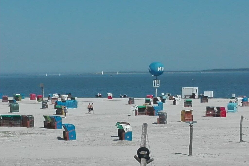 Une plage parsemée de nombreux conteneurs aux couleurs vives, offrant une vue dégagée sur l’océan.