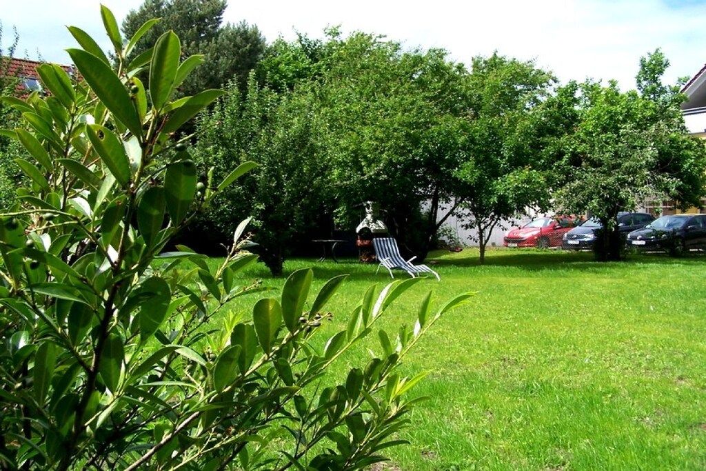 Ein grasbewachsenes Feld mit einer Bank und Bäumen, einem parkenden Auto und einem Gebäude im Hintergrund.