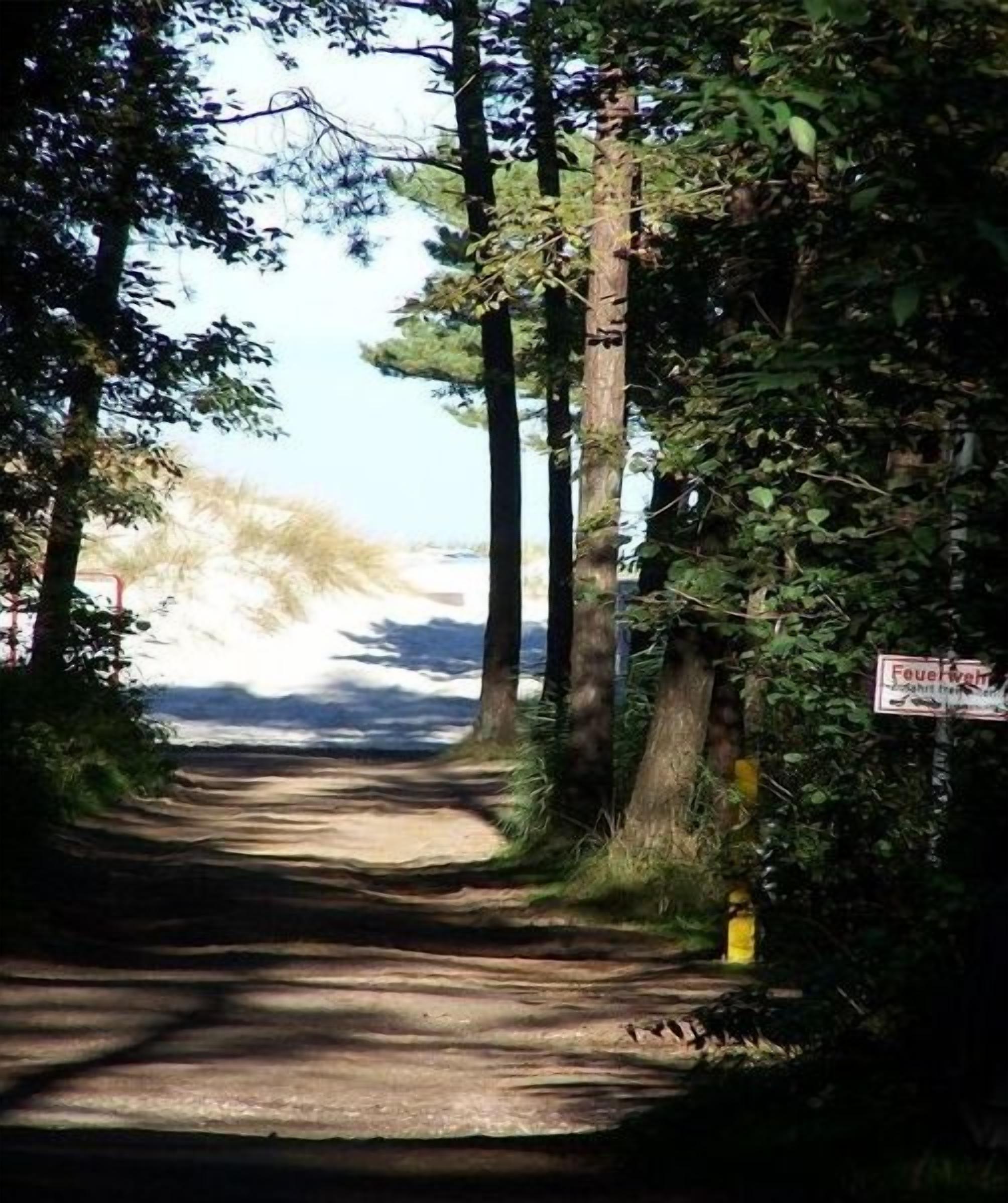 Ein bewaldeter Pfad führt zu einem Strand, ein Schild kennzeichnet eine Feuerwehrzufahrt.