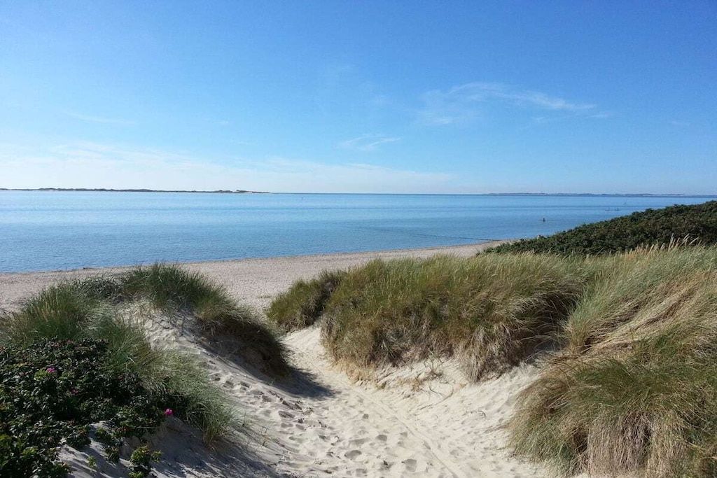 Une plage avec des dunes de sable et un ciel dégagé.