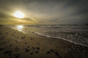A beach with footprints leading to the water, waves gently lapping at the shore, and the sun low on the horizon. - Holiday home in Zingst with swimming pool (Zingst)