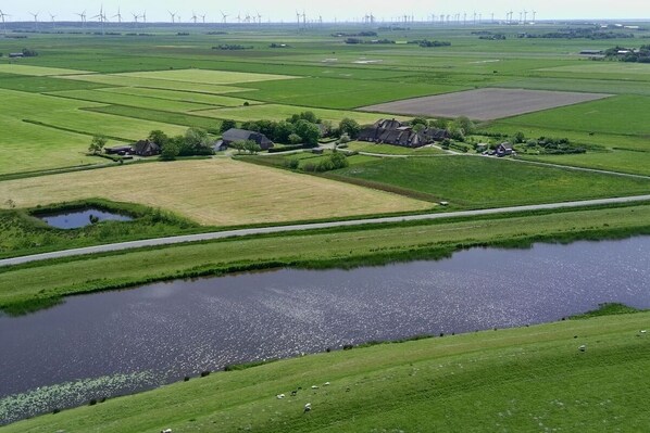 Ländliche Landschaft mit Feldern, einem kleinen Gewässer und Windkraftanlagen in der Ferne.