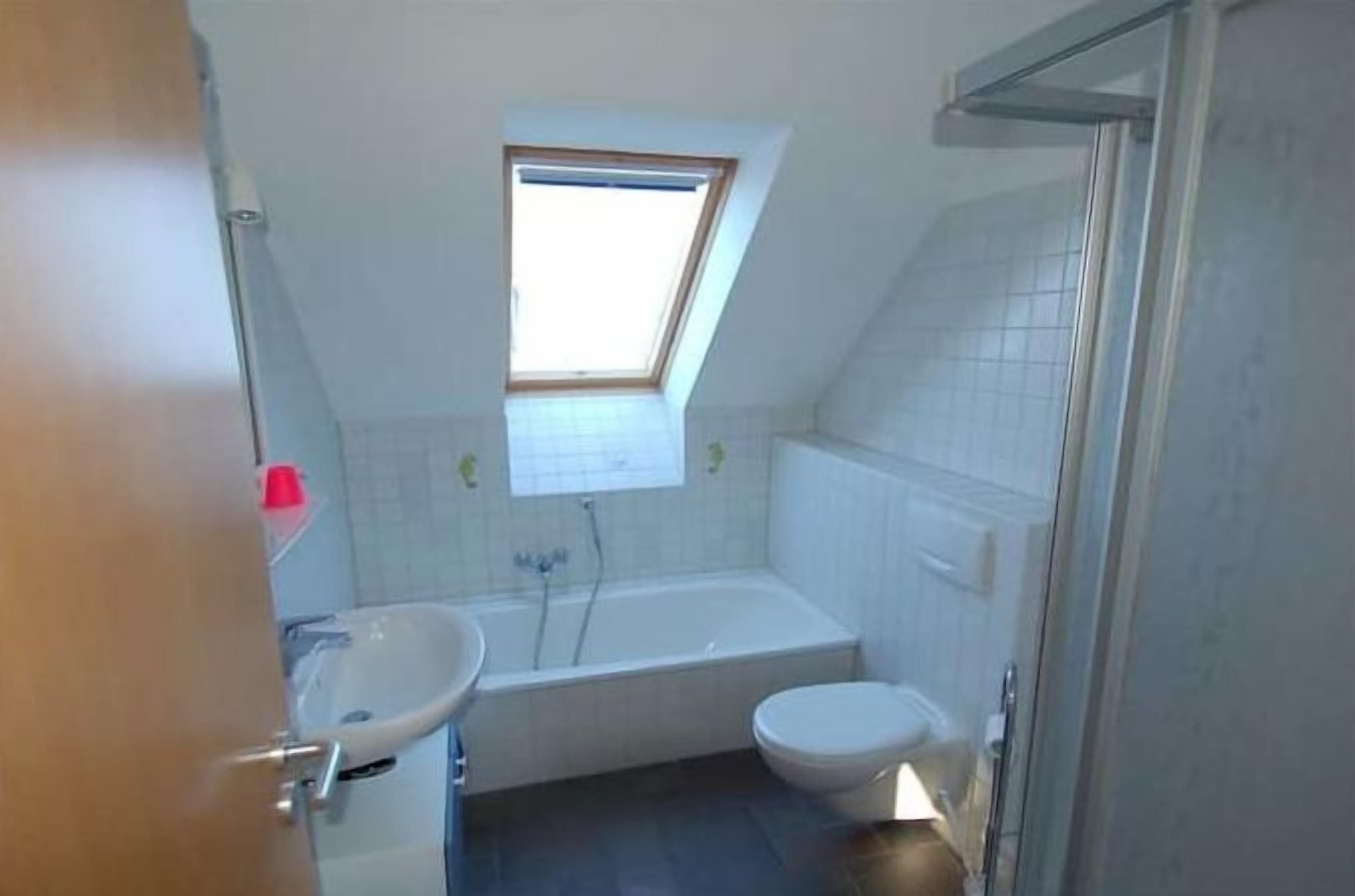 A small, compact bathroom with a skylight, a bathtub, a toilet, and a sink.