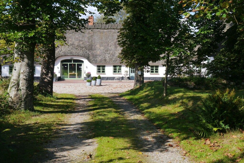 Een pad dat leidt naar een gebouw met rieten dak en witte muren.
