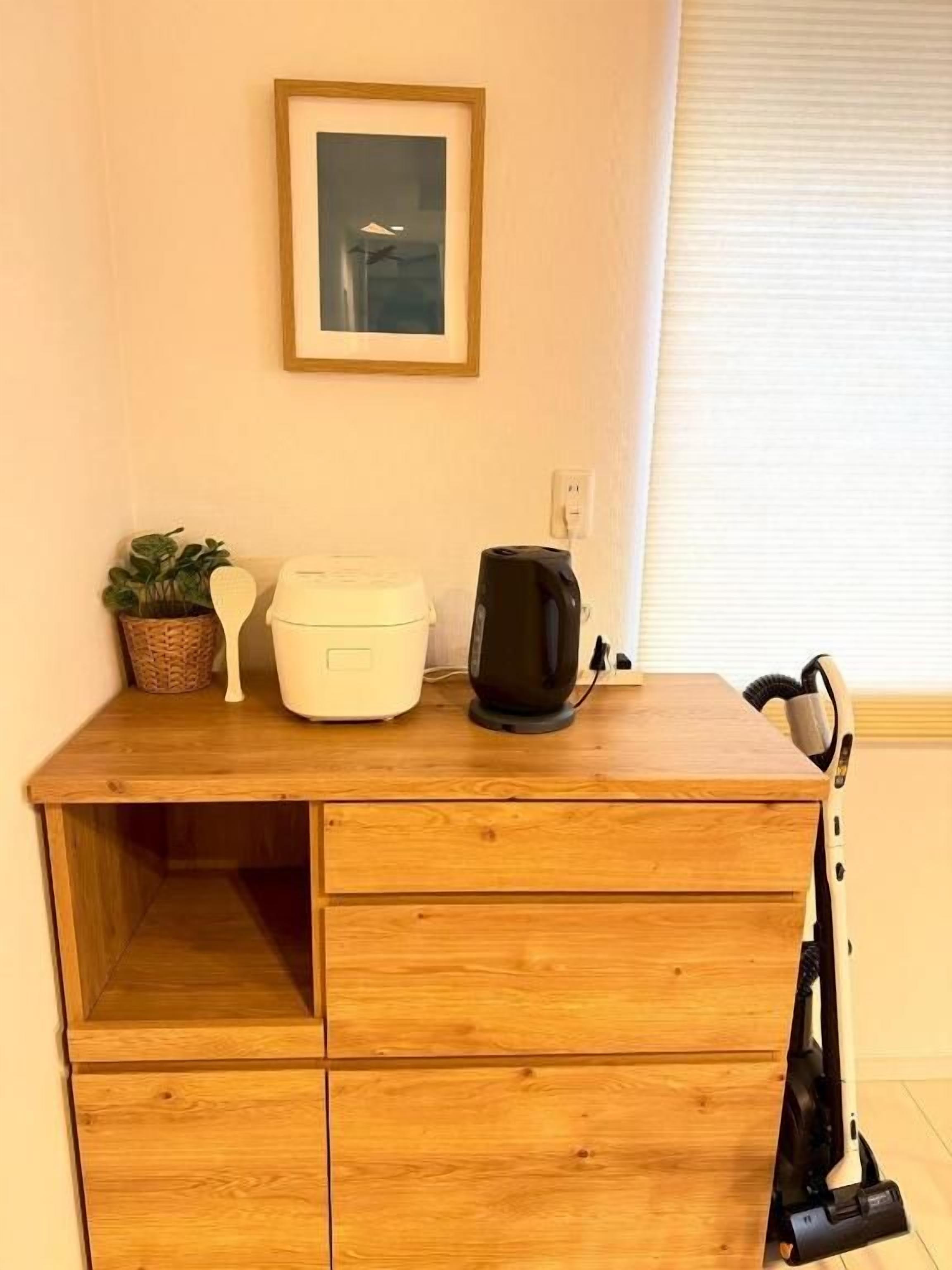Un escritorio de madera con un electrodoméstico blanco, un dispositivo negro y una planta.