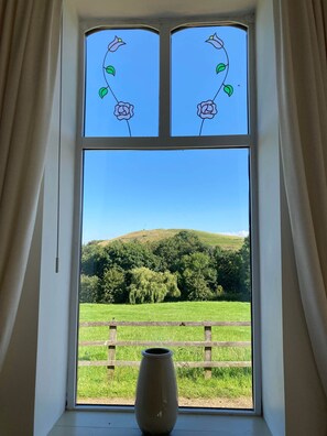 A window with a view of a green field and a hill. - Cosy Barn Conversion with Stunning Views (Kings Langley)