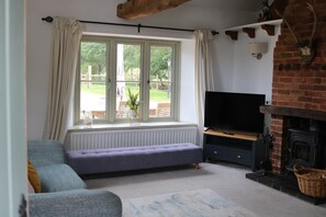 A living room with a sofa, a television, a fireplace, and a large window with curtains. - Cosy Barn Conversion with Stunning Views (Kings Langley)