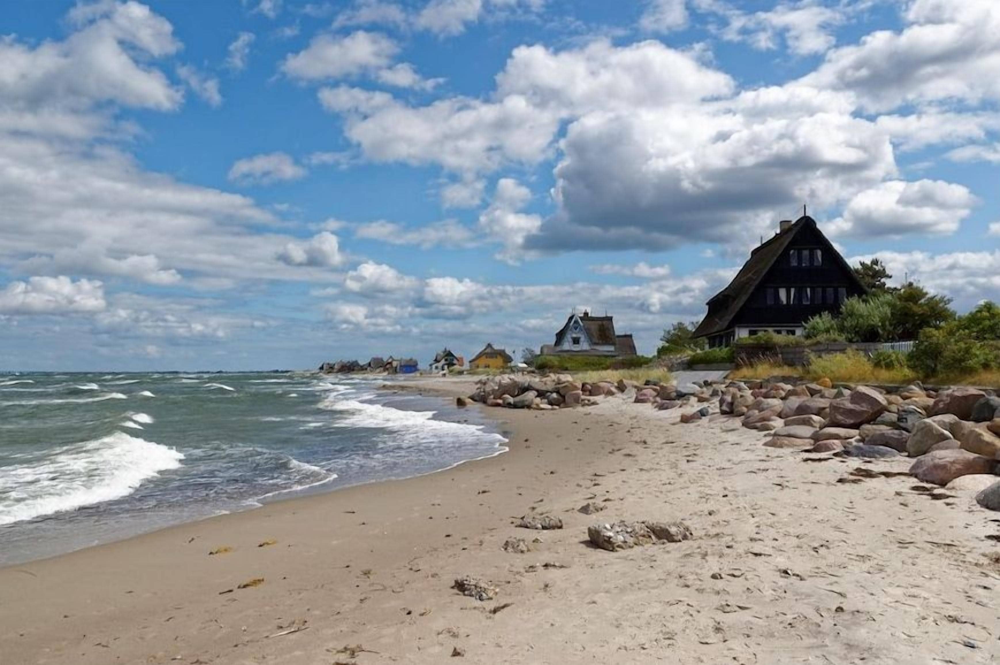 A beach with a row of houses, a sandy shore, and waves.