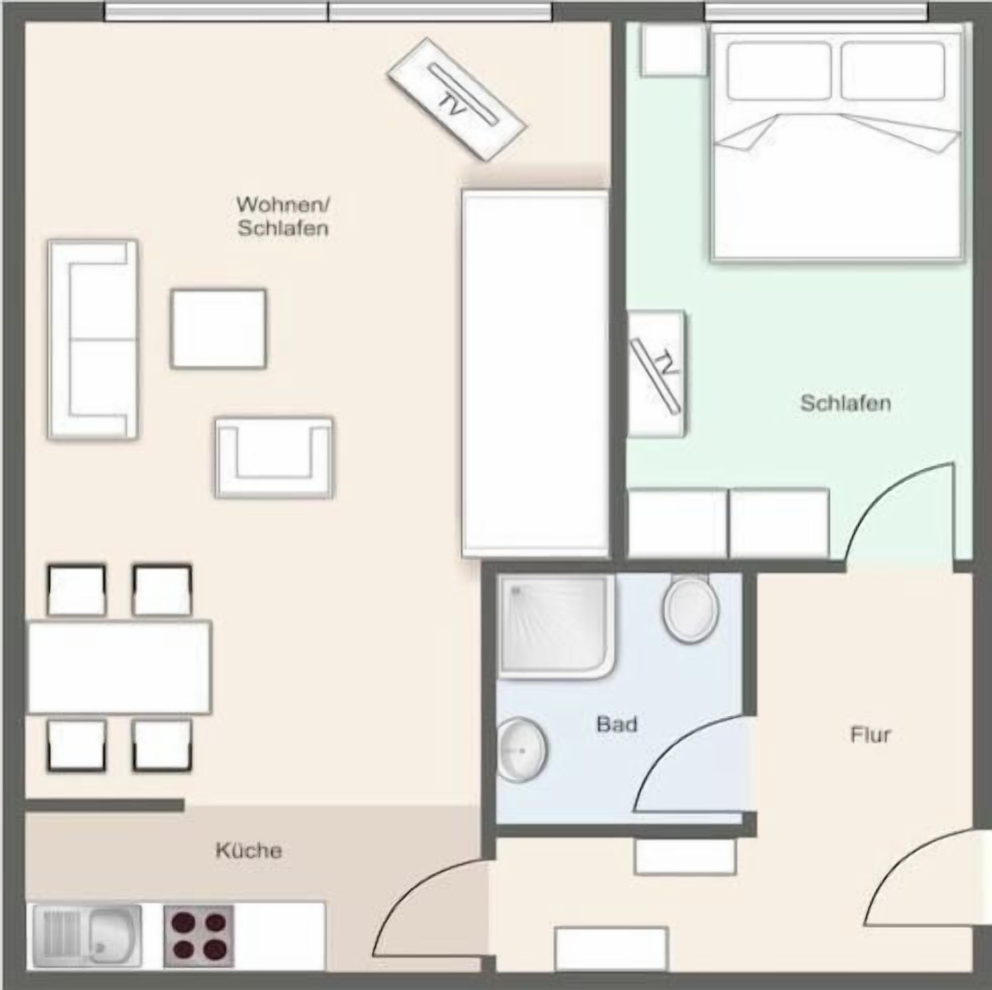A hotel room layout with a living area, bedroom, bathroom, and kitchen.