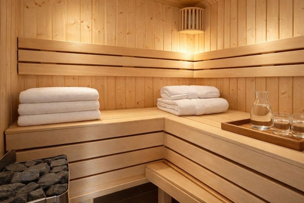 A sauna with wooden benches, towels, and a tray with water bottles.