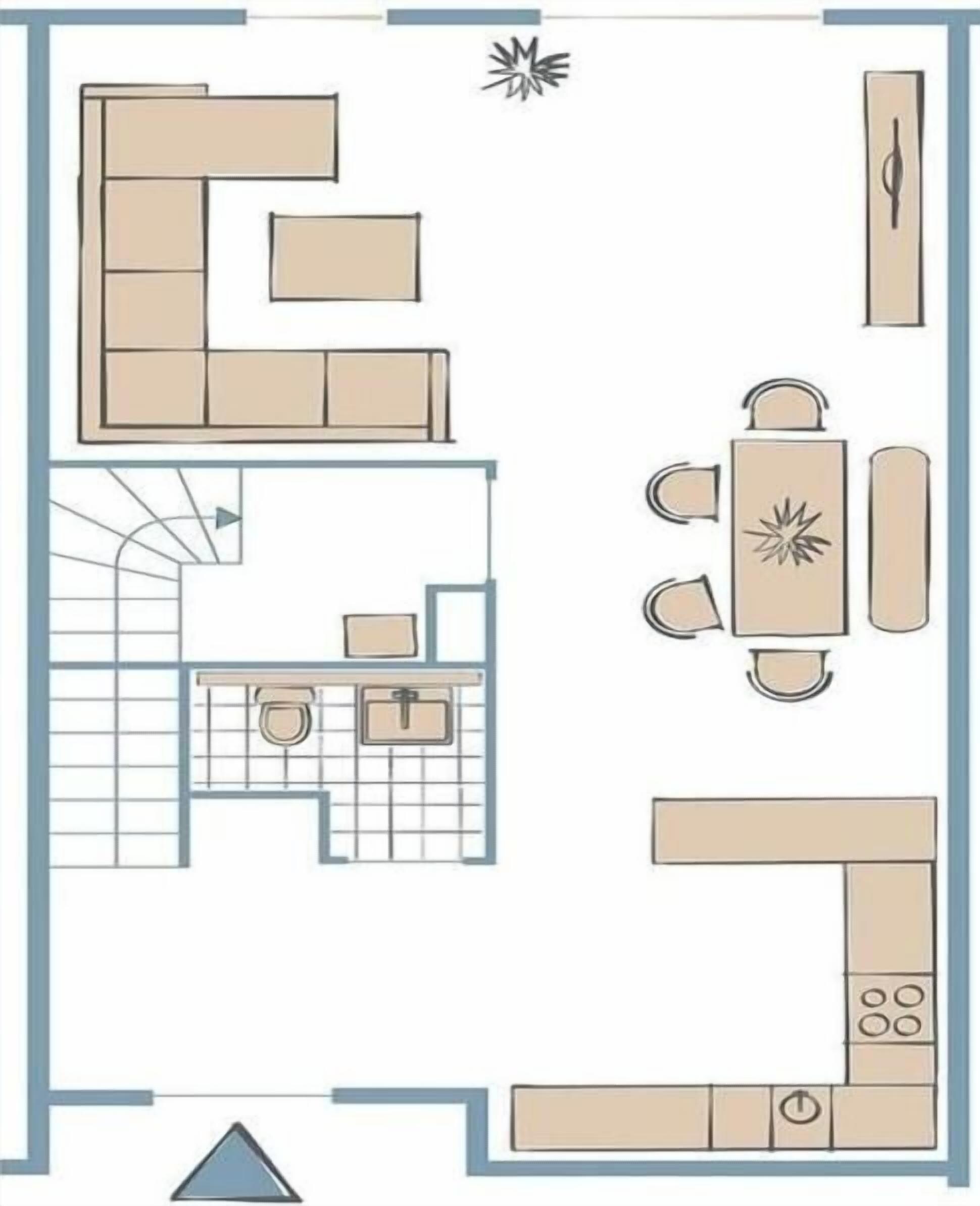 Ein Grundriss mit Wohnbereich, Küche, Essbereich und einem Badezimmer.
