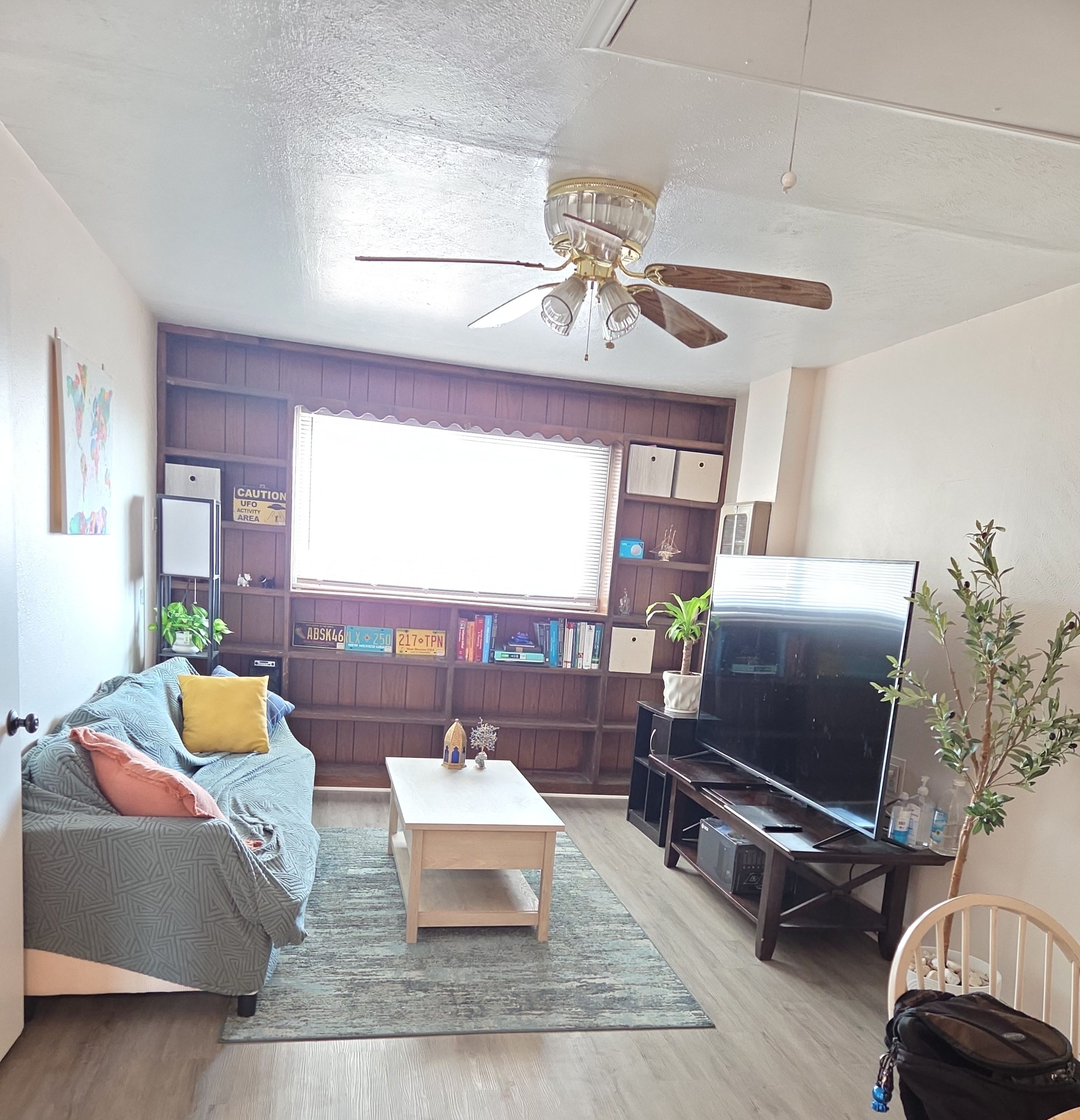 A living room with a sofa, coffee table, television, and a ceiling fan.