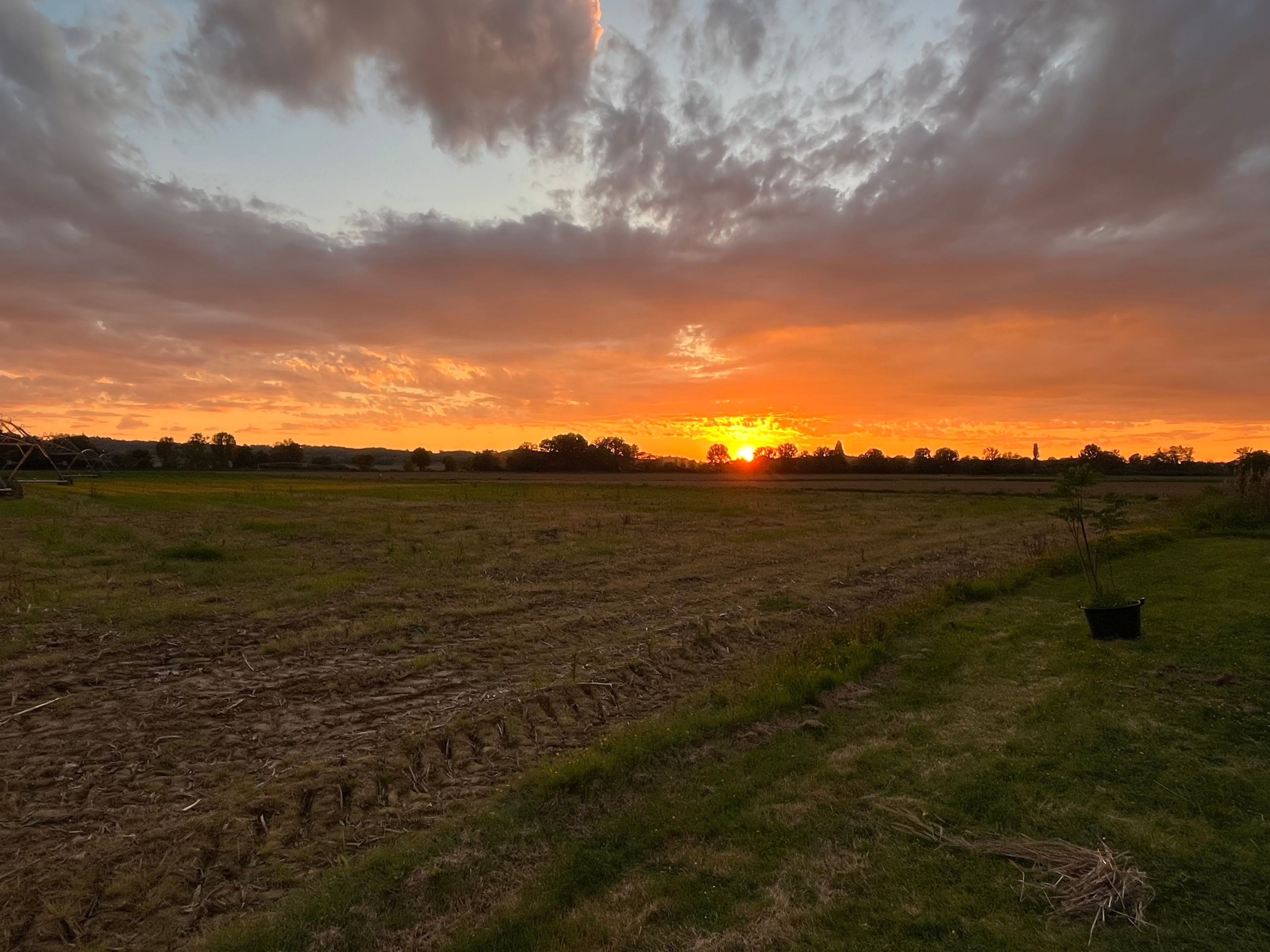 Paesaggio rurale con un campo e una piccola costruzione in lontananza.