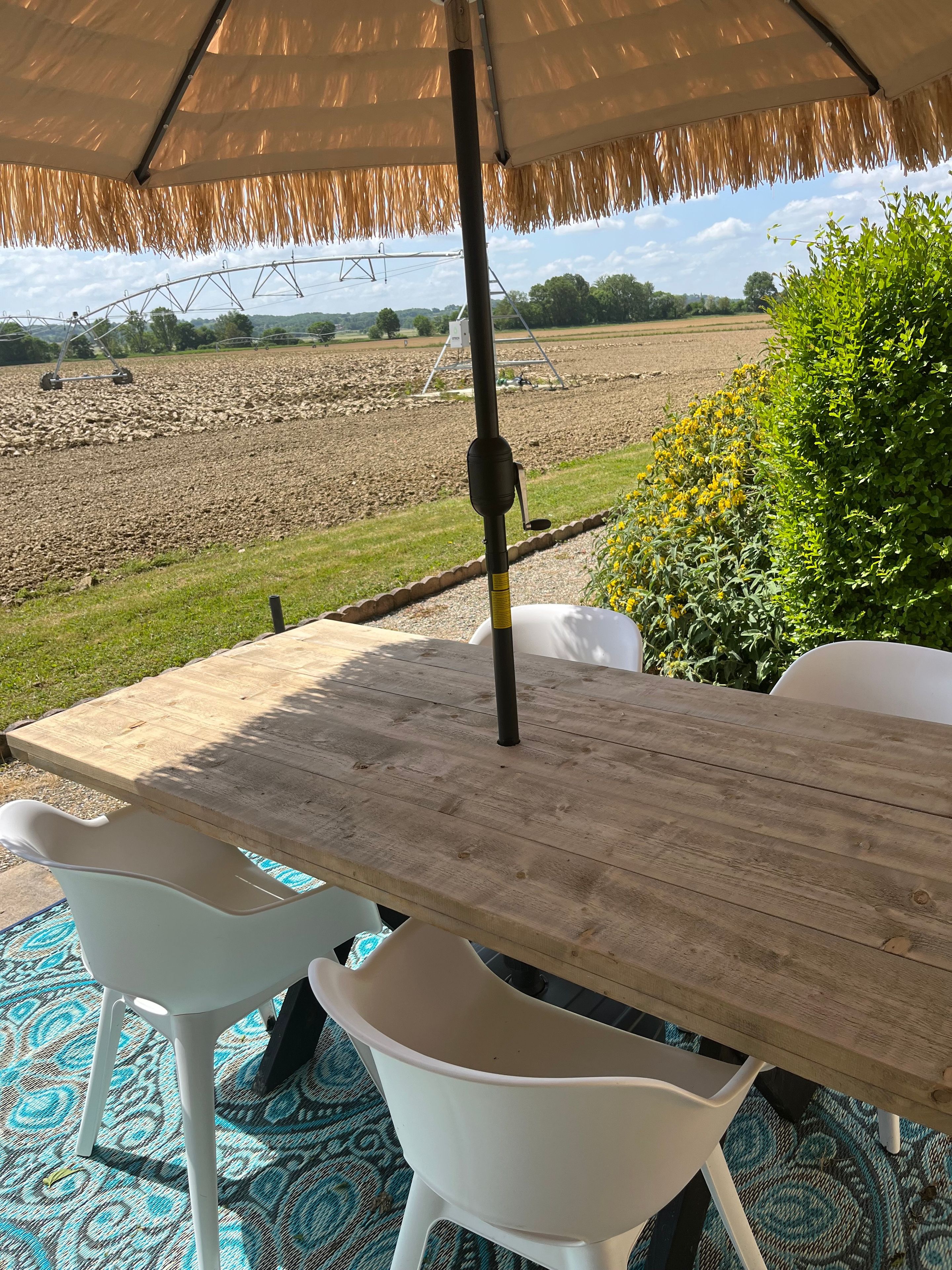 An outdoor dining area with a wooden table and white chairs, a thatched umbrella, and a view of a field.