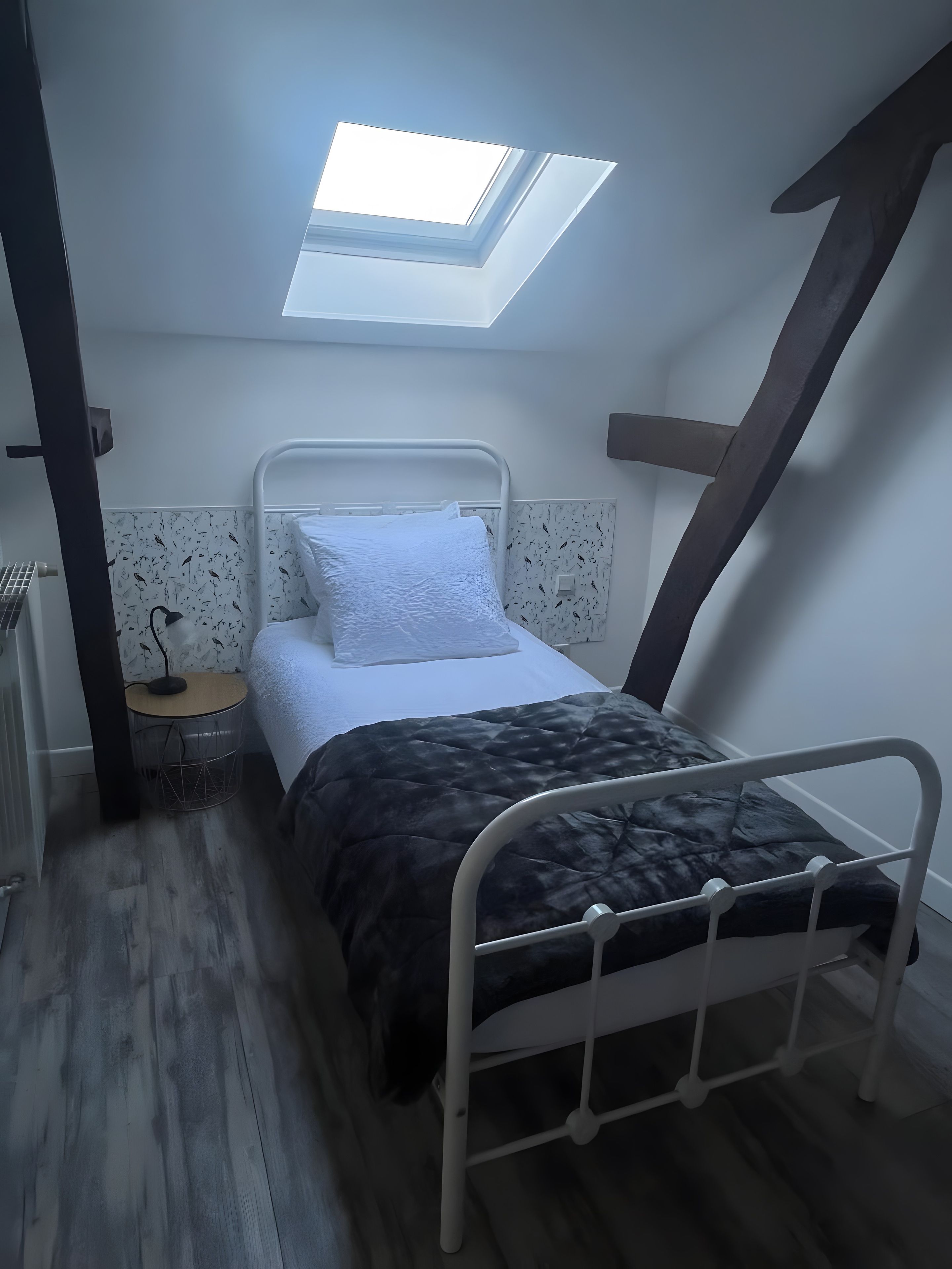 Een slaapkamer met dakraam, een bed met wit beddengoed, een donkere gewatteerde deken, een nachtkastje met een lamp en een muur met een vogelpatroon.