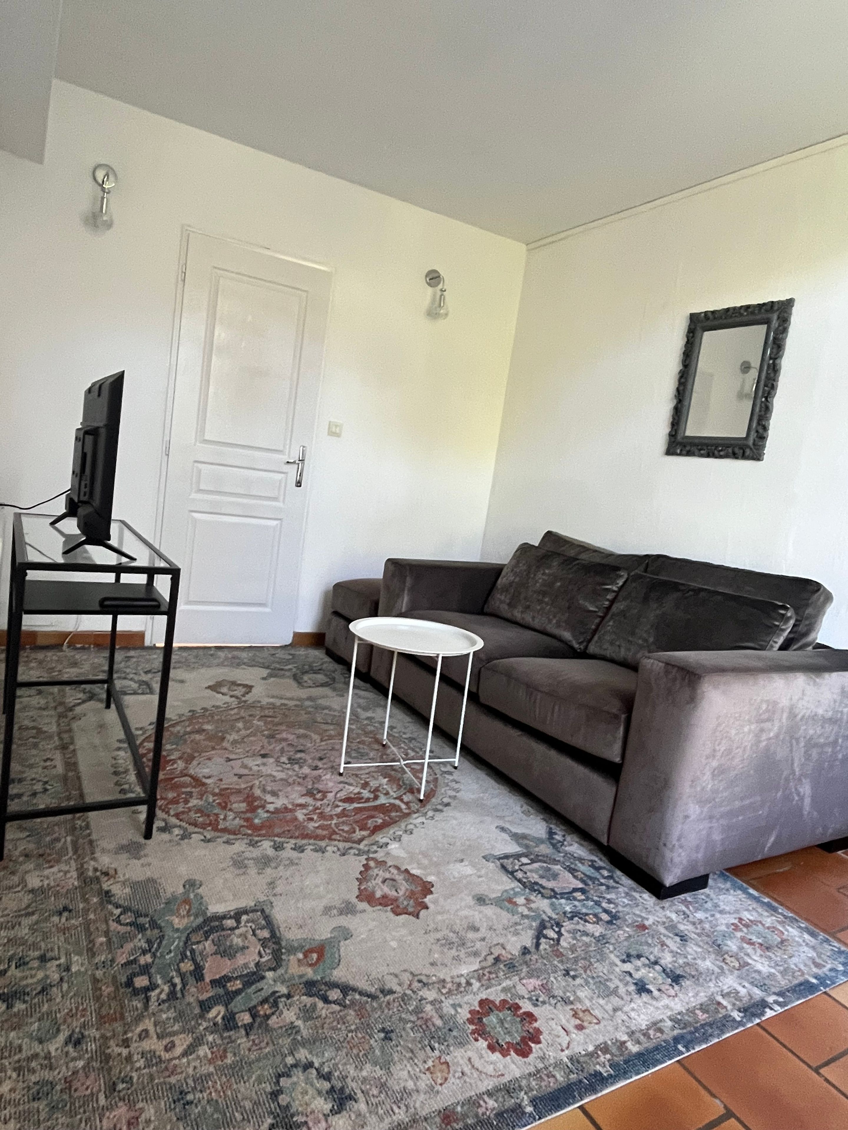 Un salon avec un canapé, une petite table blanche, un téléviseur posé sur un meuble, un tapis à motifs et une porte.