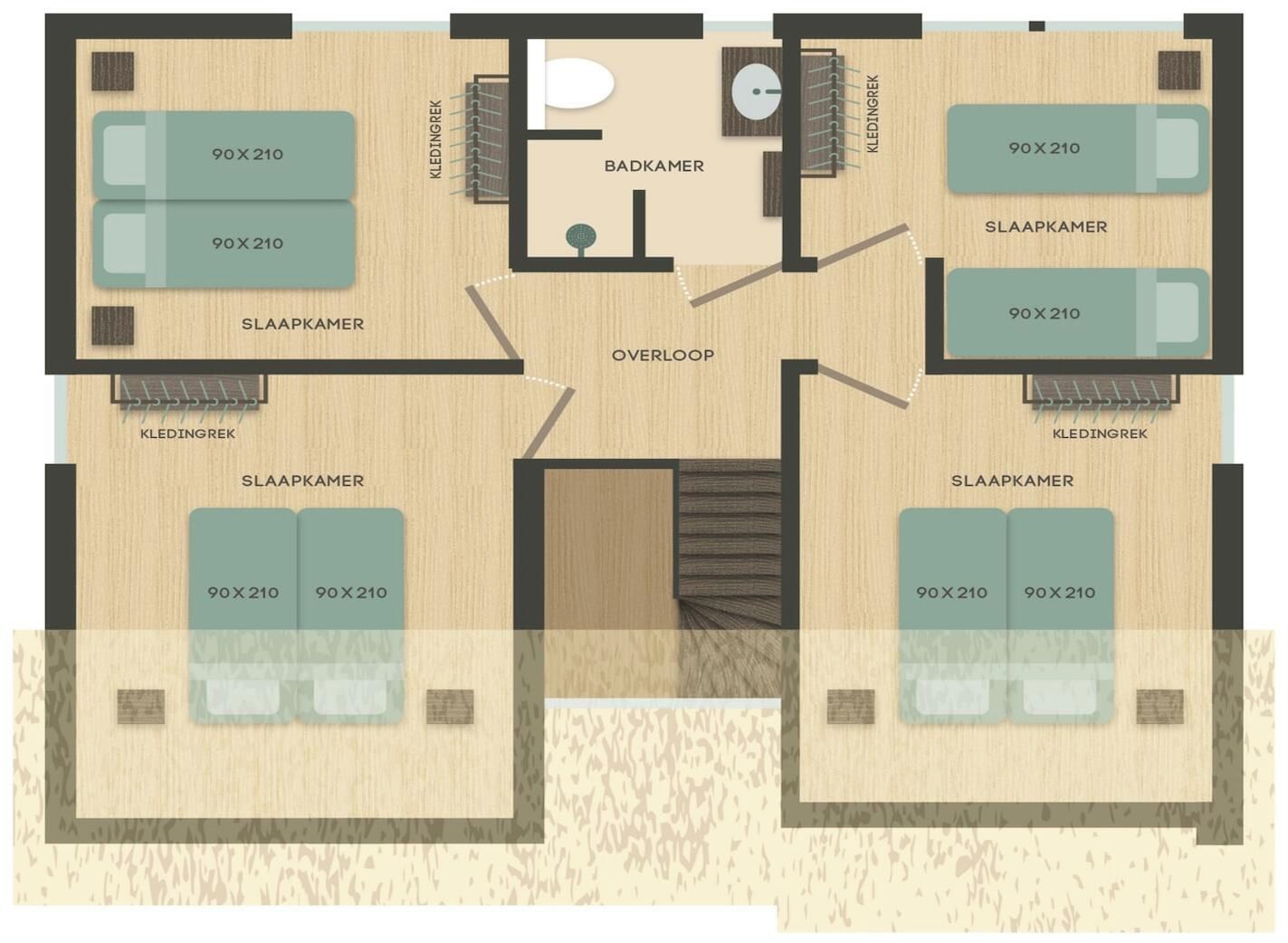 A hotel layout with multiple ensuite rooms, a bathroom, and an overloop connecting the rooms.