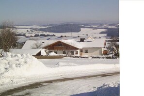 A residential area with houses covered in snow, a clear sky, and a road with snow. - Holiday apartment with 1 bedroom (Wegscheid)