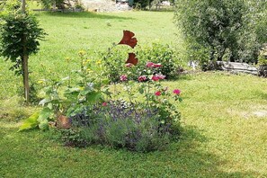 Jardí amb diverses plantes i flors, incloent roses i lavanda.
