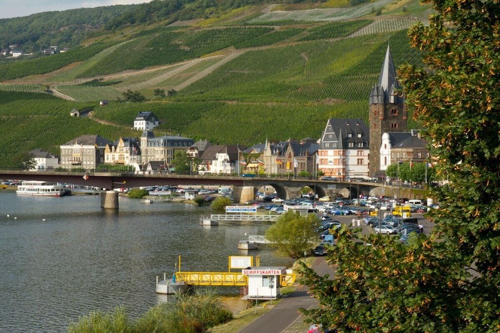 A riverside town with a bridge, vineyards, and historic buildings.
