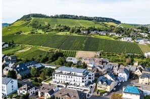En by med en markant bygning i forgrunden, omgivet af bolighuse og vinmarker i baggrunden.