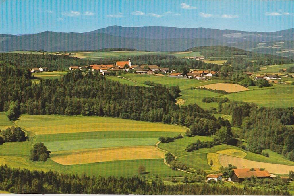 Paesaggio rurale con case sparse e campi.