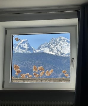 A window with a view of snow-capped mountains and dried flowers on the sill. - Holiday apartment with 1 bedroom (Schönau am Königssee)