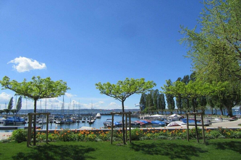 Un puerto deportivo con barcos amarrados, rodeado de árboles y un cielo despejado.