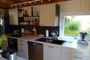 A modern kitchen with a double sink, a built-in oven, and a dishwasher. There is a window providing a view of greenery outside. - Wooden house with large garden (Uhldingen-Mühlhofen)