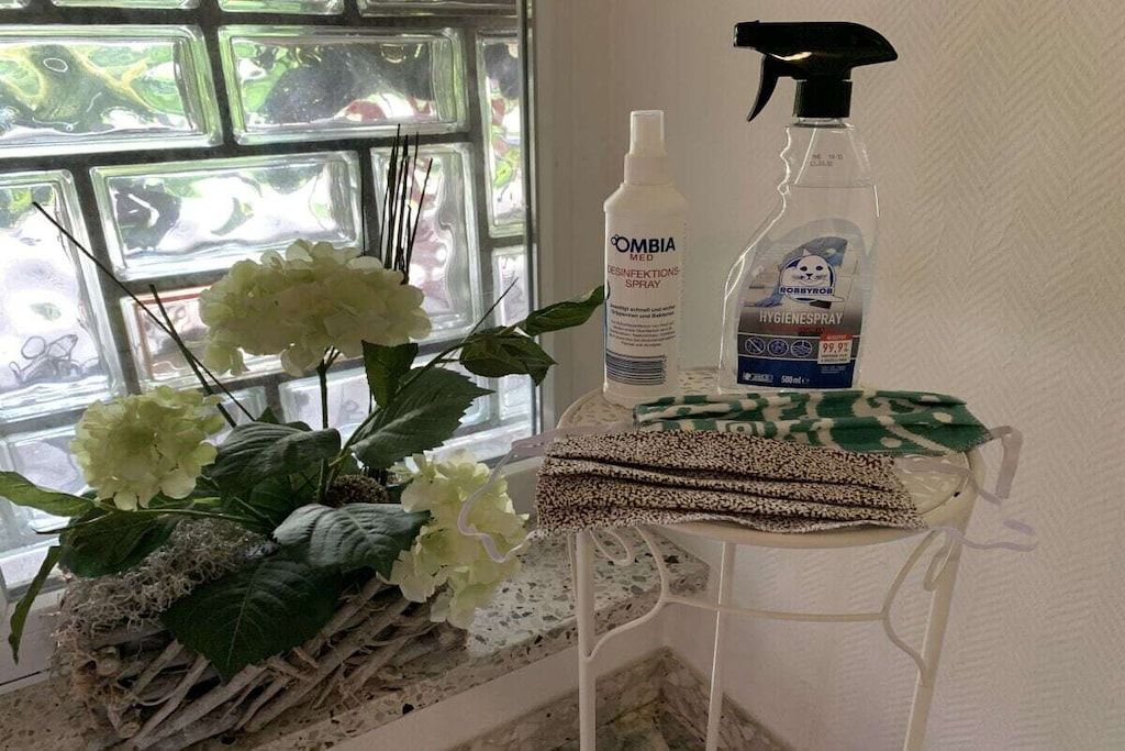 Ett fönster med utsikt över grönska, ett vitt bord med en sprayflaska och en trasa, och en växt med vita blommor.