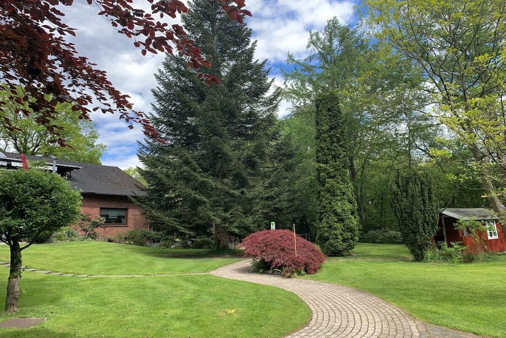 Un chemin menant à un bâtiment entouré de verdure et d’arbres.