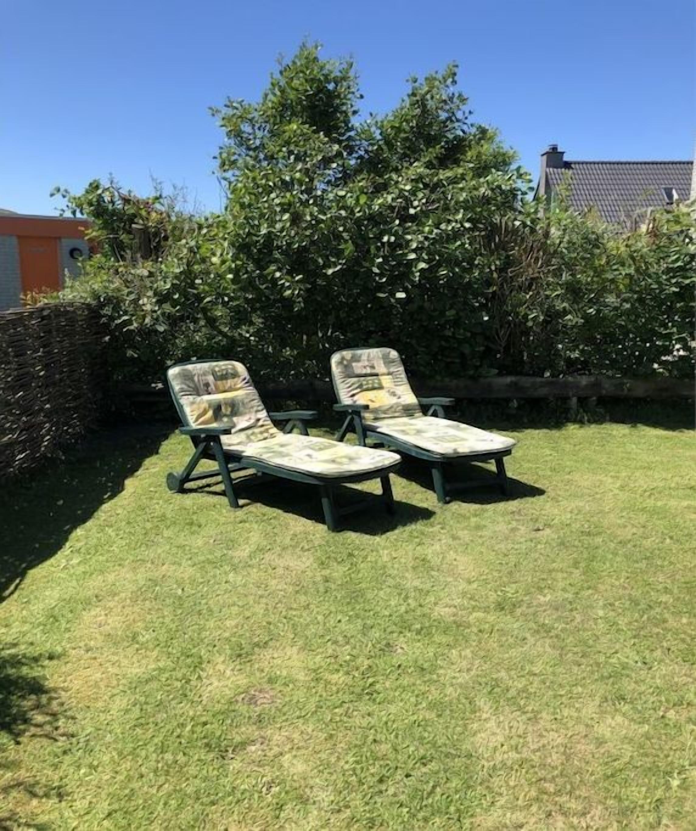 Zwei Liegestühle auf einer Rasenfläche mit einer Hecke und einem Gebäude im Hintergrund.